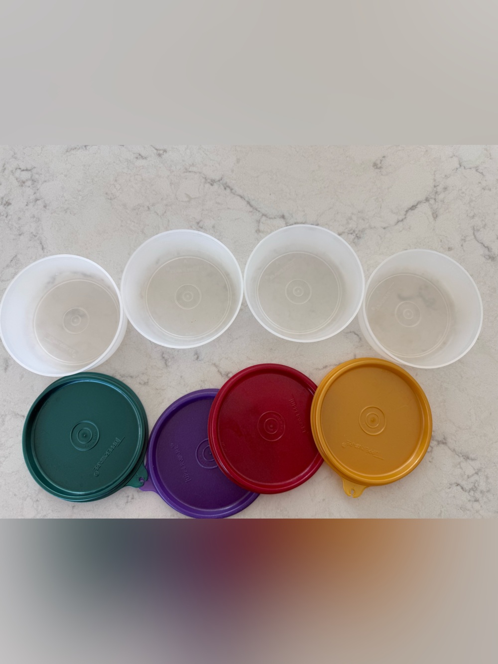 Set of 4 Tupperware Translucent Round Containers with Colorful Lids
